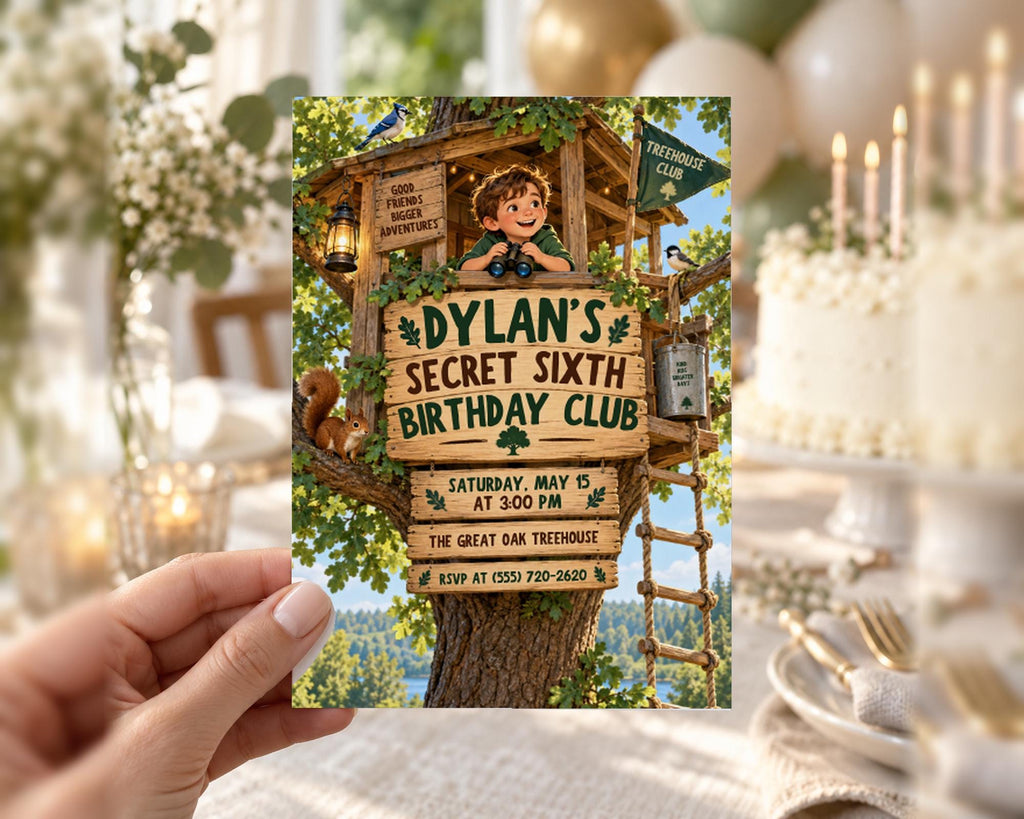 A person is holding a birthday invitation card for Dylan's Secret Sixth Birthday Club.