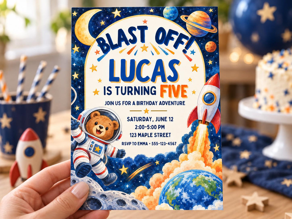 The image is a birthday invitation for a child named Lucas, who is turning five years old. The invitation features a space theme with a teddy bear astronaut, a rocket ship, and a planet. The text on the invitation reads "Blast off! Lucas is turning five" and invites guests to a birthday party.