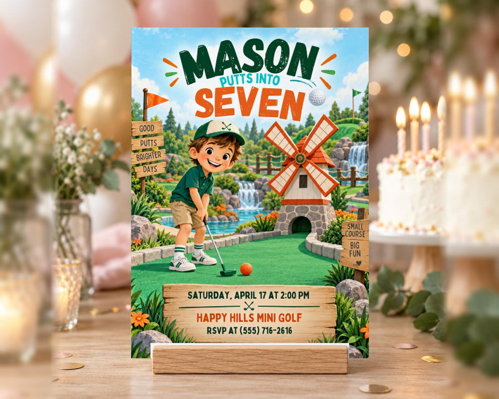 The image is a birthday invitation for a seven-year-old boy named Mason, featuring a golf course theme with a young boy playing golf and a windmill in the background.