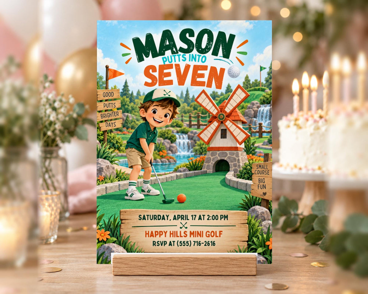 The image is a birthday invitation for a seven-year-old boy named Mason, featuring a golf course theme with a young boy playing golf and a windmill in the background.