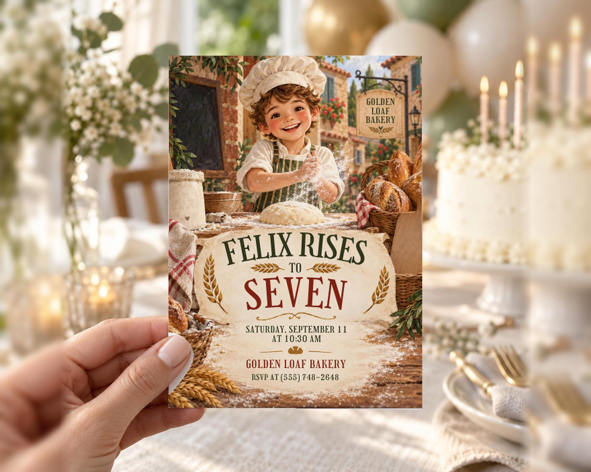 The image is a birthday invitation for a boy named Felix, who is seven years old, celebrating his birthday at Golden Loaf Bakery.