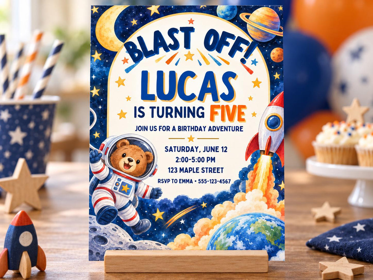 The image is a birthday invitation for a boy named Lucas, who is turning five years old. The invitation features a space theme with a teddy bear astronaut, a rocket ship, and a planet. The text on the invitation reads "Blast off! Lucas is turning five" and provides details about the birthday party, including the date, time, location, and RSVP information.