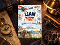 a birthday party invitation for a boy named Liam, which includes an airplane, compass, and other travel-themed elements.