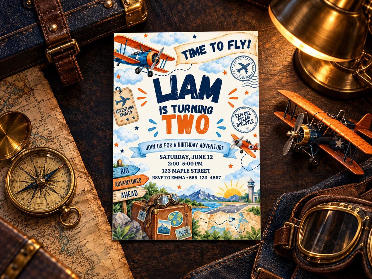 a birthday party invitation for a boy named Liam, which includes an airplane, compass, and other travel-themed elements.