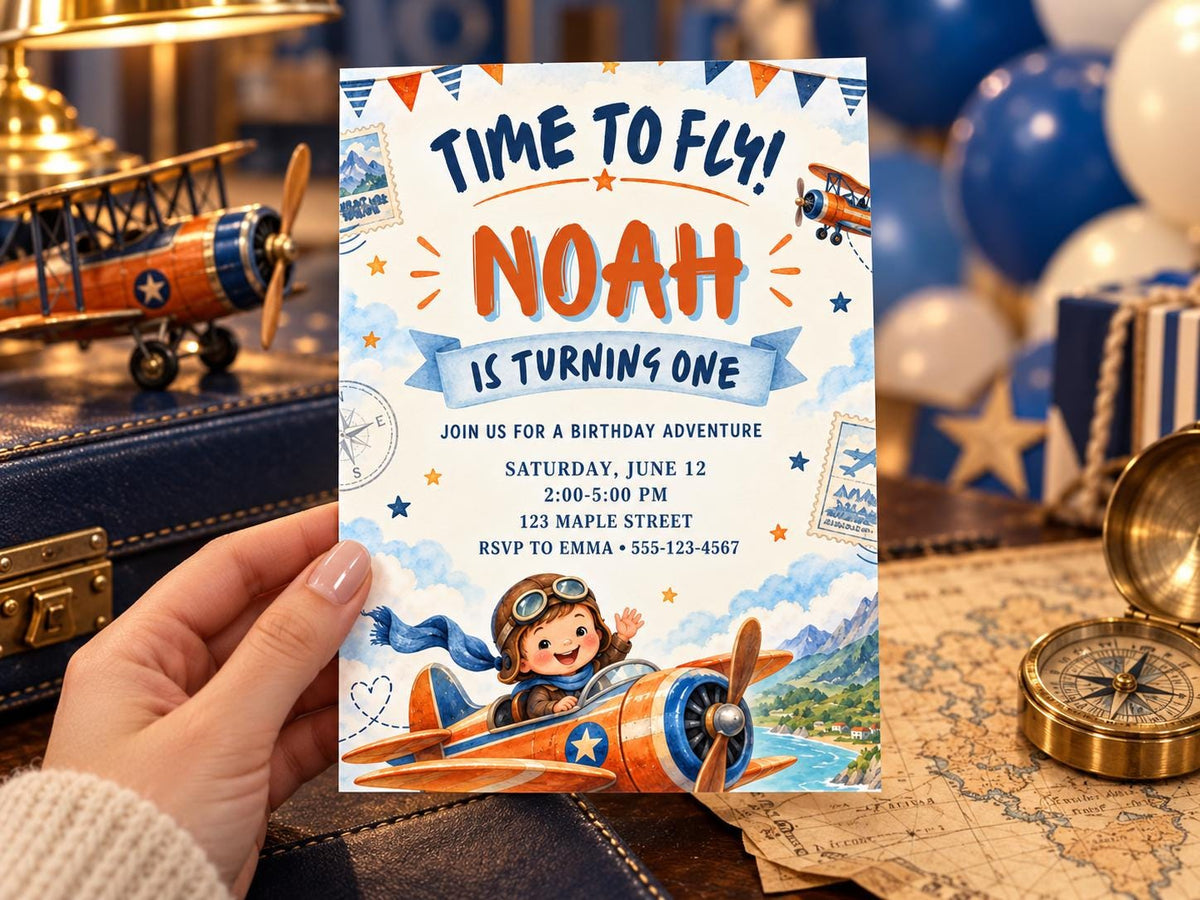 A hand holding a birthday invitation for a boy named Noah, featuring an airplane and other aviation-themed elements.