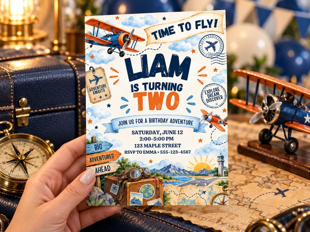 A hand holding a birthday invitation card with an airplane theme, featuring illustrations of airplanes, a map, and a compass.