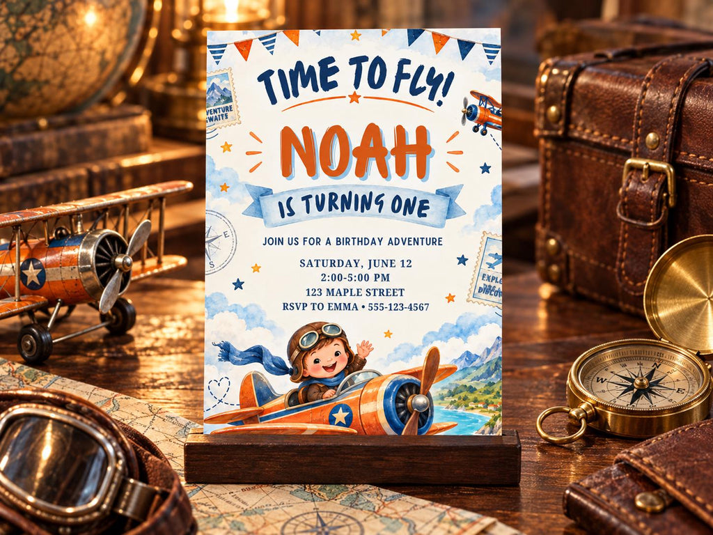 The image is a birthday invitation for a boy named Noah, featuring a colorful airplane design and the text "Time to fly! Noah is turning one".