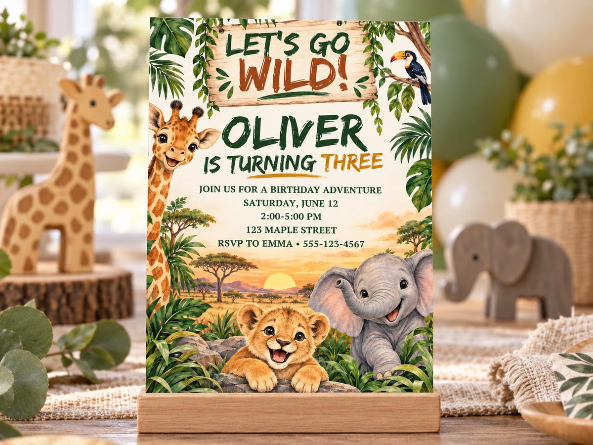 A birthday party invitation featuring a jungle theme with a giraffe, lion, and elephant, along with the text "Let's go wild! Oliver is turning three".
