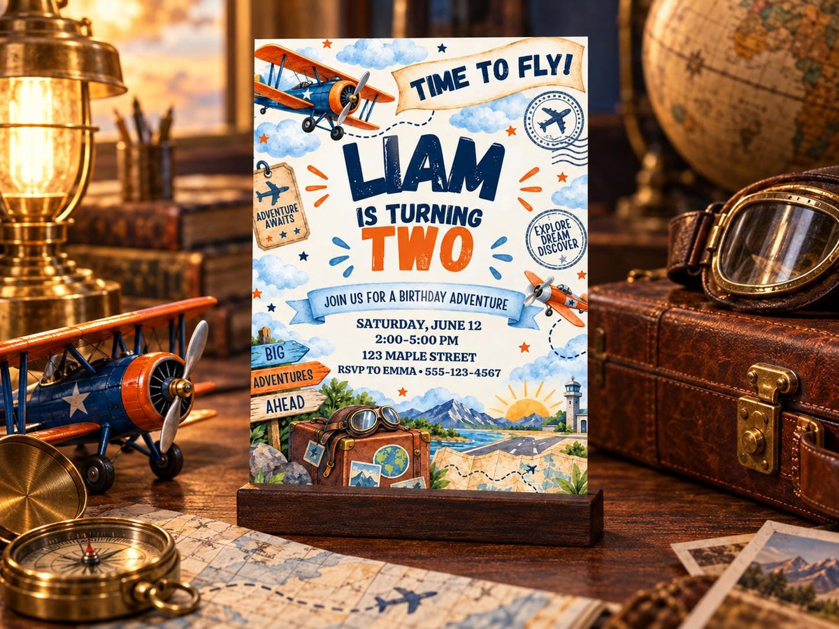 The image is a birthday invitation for a boy named Liam, who is turning two years old. The invitation features a vintage airplane, a globe, and various travel-related elements, such as a suitcase and a compass.