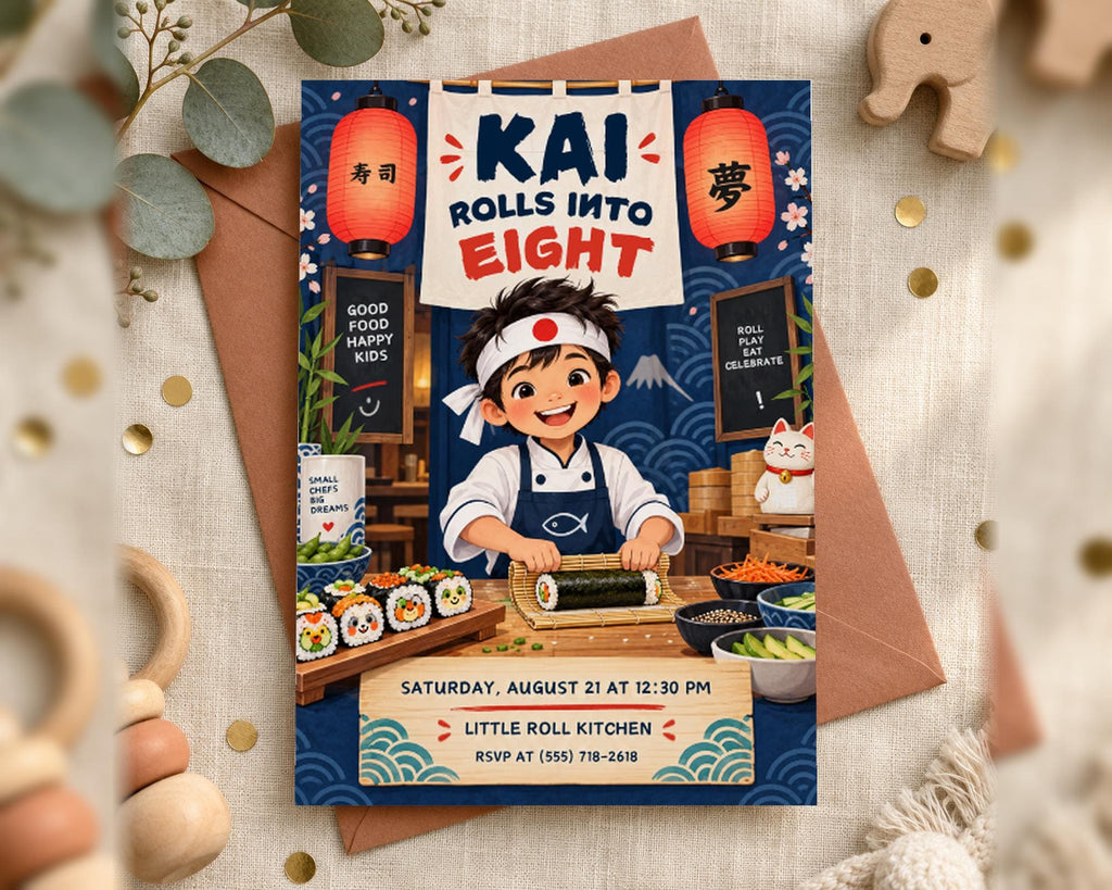 The image is a colorful invitation for a birthday party with a theme of sushi. It features a young boy, presumably the birthday boy, preparing sushi rolls in a kitchen setting. The invitation includes details about the party, such as the date, time, location, and RSVP information.