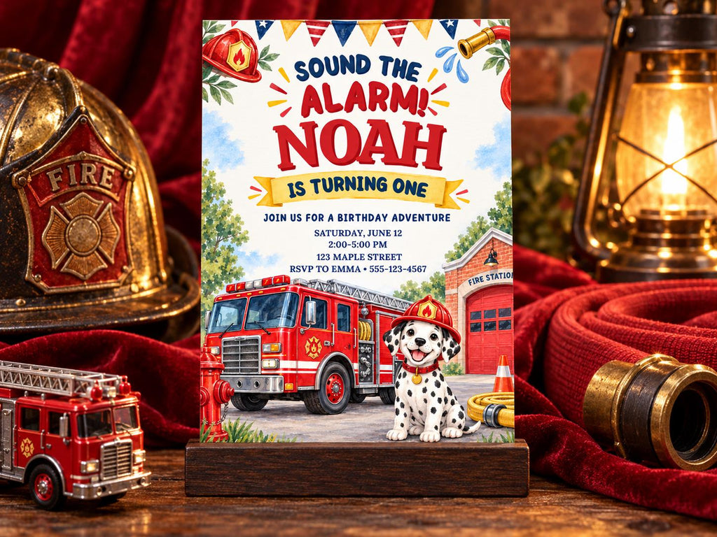 The image is a birthday invitation for a child named Noah, featuring a fire truck and a Dalmatian dog as the main elements.