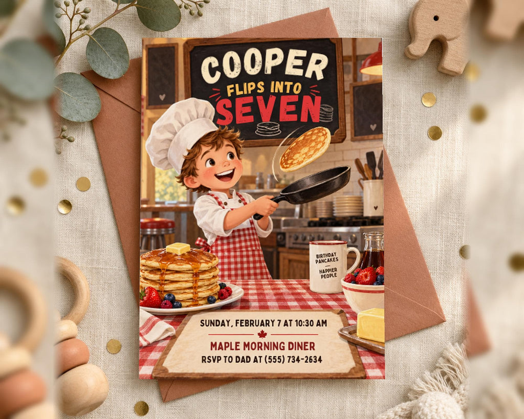 The image is a birthday invitation featuring a cartoon chef flipping pancakes in a kitchen.