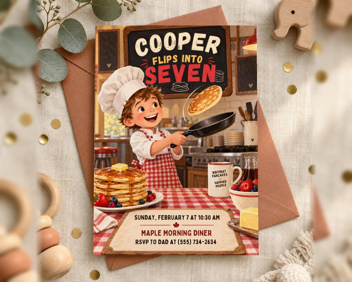 The image is a birthday invitation featuring a cartoon chef flipping pancakes in a kitchen.