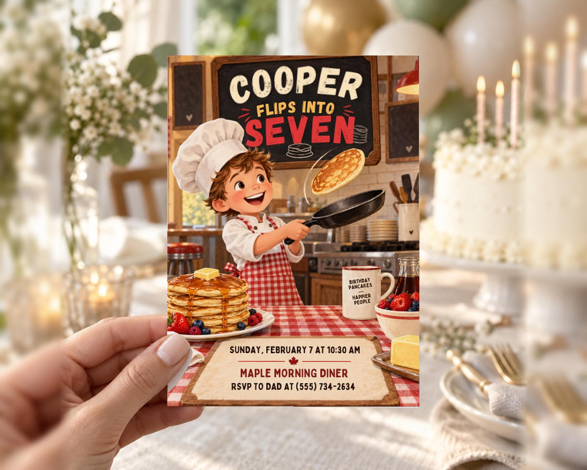 The image is a birthday party invitation featuring a cartoon chef flipping pancakes and serving breakfast to seven people.