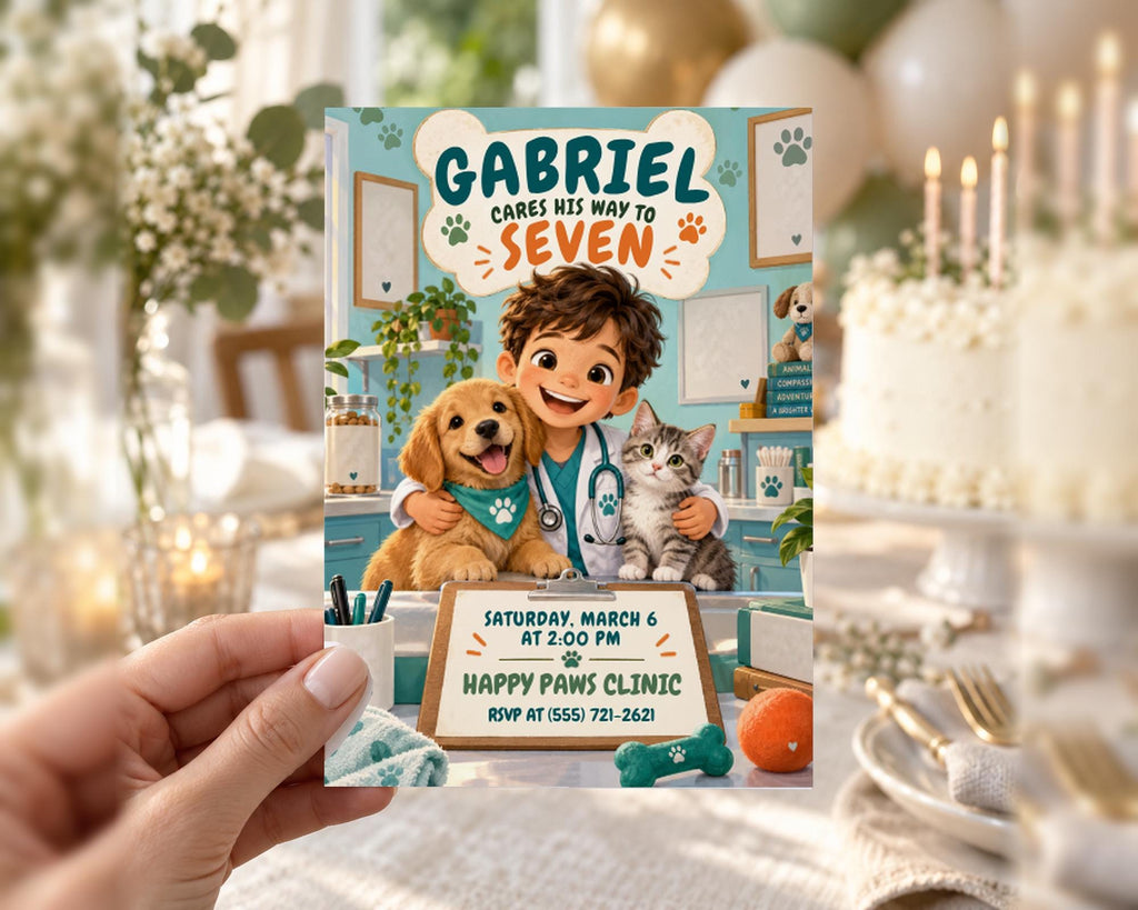 A hand holding a birthday invitation card with a cartoon image of a young boy, a dog, and a cat, along with text indicating a veterinary clinic party.