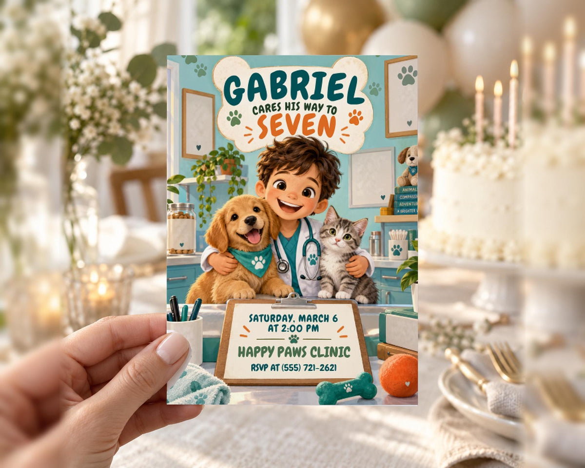 A hand holding a birthday invitation card with a cartoon image of a young boy, a dog, and a cat, along with text indicating a veterinary clinic party.