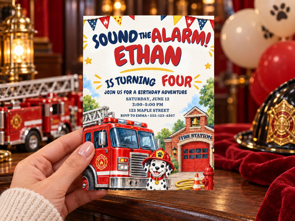 a birthday party invitation for a child named Ethan, which includes a fire truck and a Dalmatian dog as the main elements.