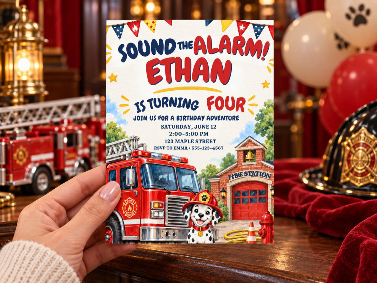 a birthday party invitation for a child named Ethan, which includes a fire truck and a Dalmatian dog as the main elements.