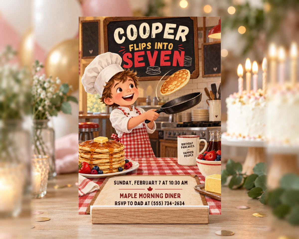 The image is a birthday party invitation featuring a cartoon chef flipping pancakes and serving breakfast.
