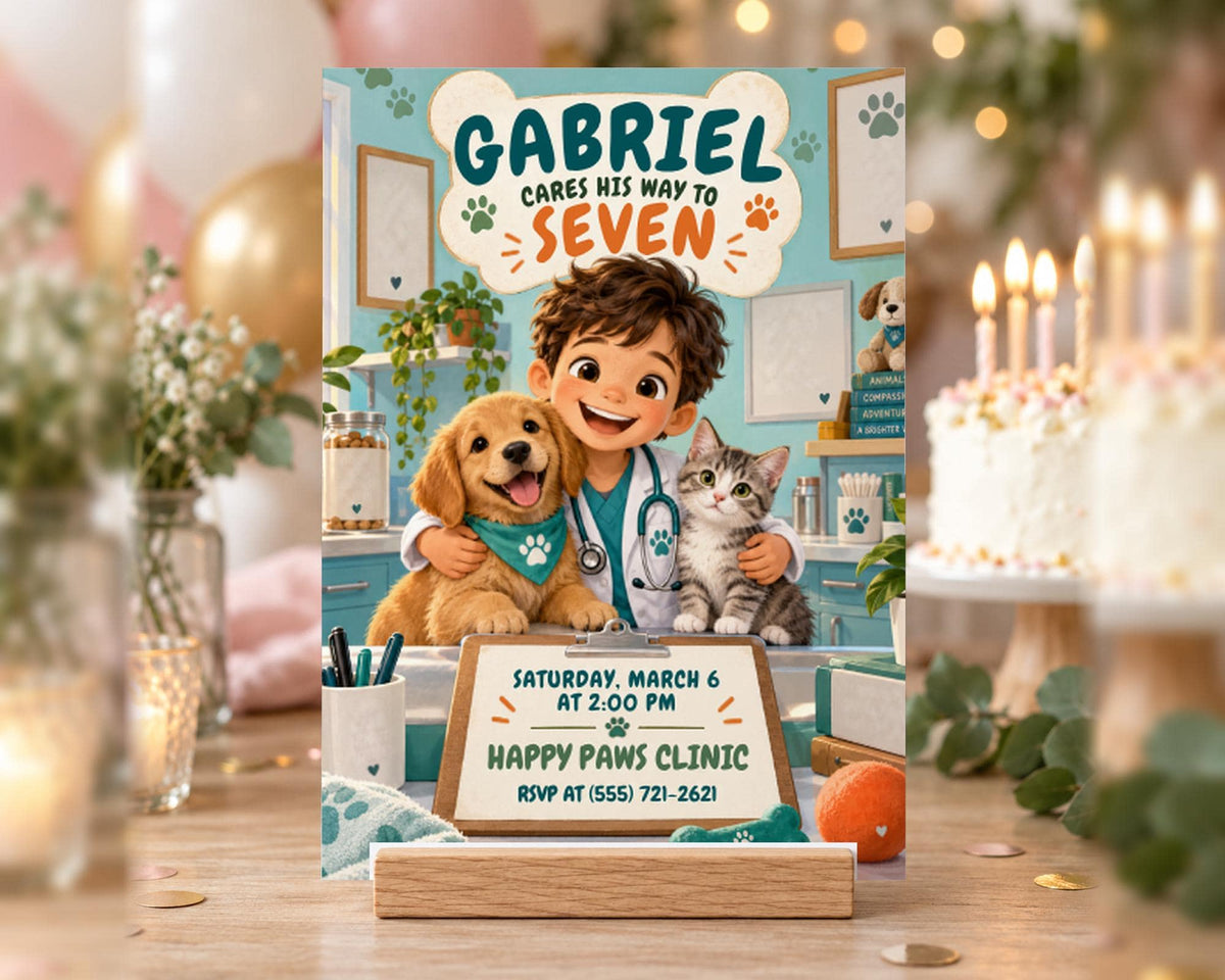 A birthday party invitation featuring a young boy with a dog and cat, celebrating Gabriel's seventh birthday at a Happy Paws Clinic.