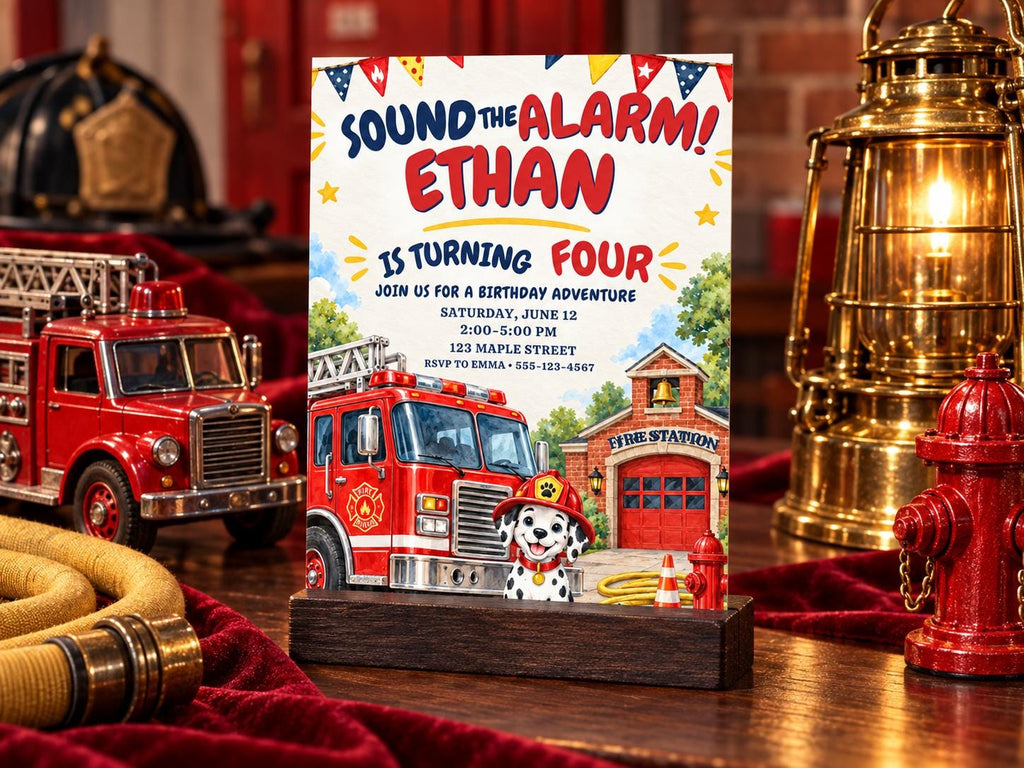 a birthday party invitation for a child named Ethan, which includes a fire truck and a Dalmatian dog as the main elements.
