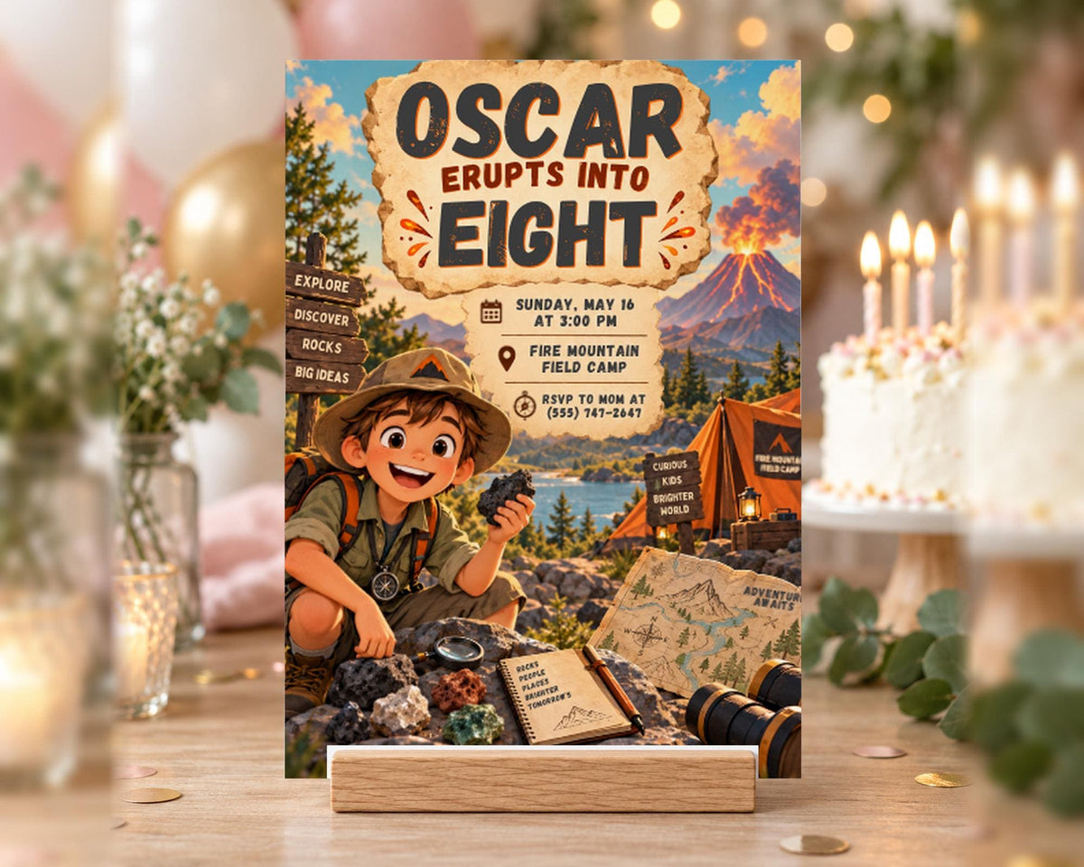 The image is a birthday party invitation featuring a cartoon boy dressed as an explorer, with a map and camping gear on the table.