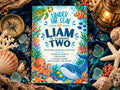 The image is a birthday invitation for a child named Liam, featuring illustrations of various sea creatures such as an octopus, whale, and turtle, along with the text "Under the sea! Liam is turning two".