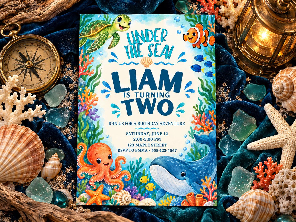 The image is a birthday invitation for a child named Liam, featuring illustrations of various sea creatures such as an octopus, whale, and turtle, along with the text "Under the sea! Liam is turning two".