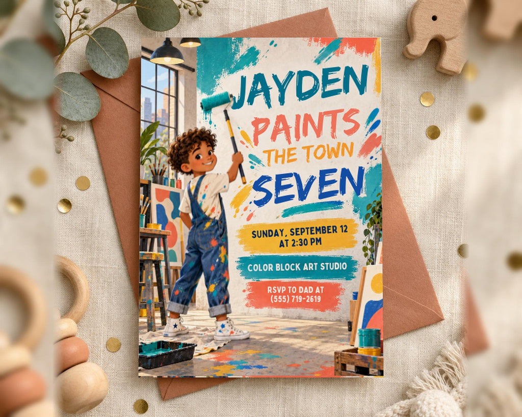 The image is a colorful invitation card for a painting event, featuring a young boy holding a paintbrush and surrounded by art supplies.