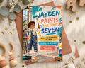 The image is a colorful invitation card for a painting event, featuring a young boy holding a paintbrush and surrounded by art supplies.