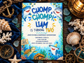 The image is a birthday invitation featuring cartoon sharks and other sea creatures, surrounded by nautical elements such as seashells, a compass, and a lighthouse.