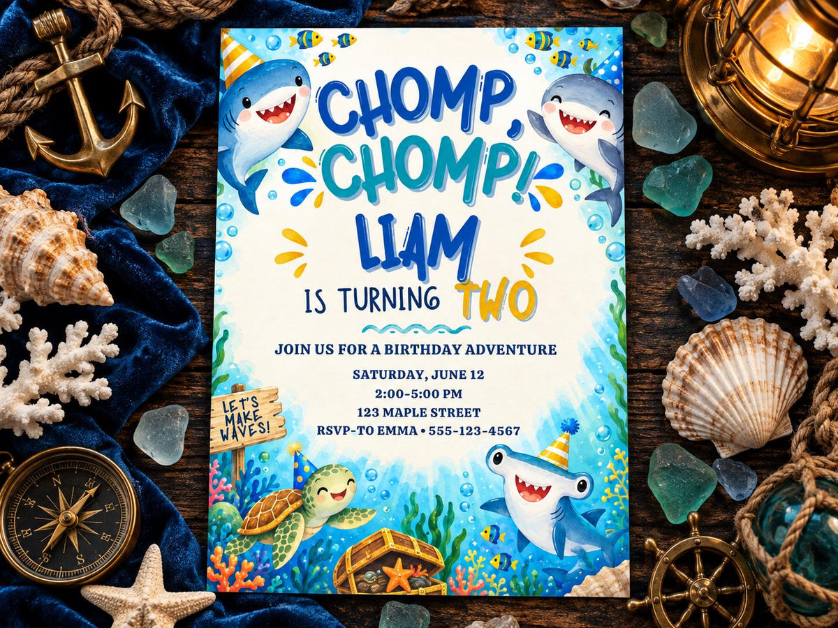 The image is a birthday invitation featuring cartoon sharks and other sea creatures, surrounded by nautical elements such as seashells, a compass, and a lighthouse.