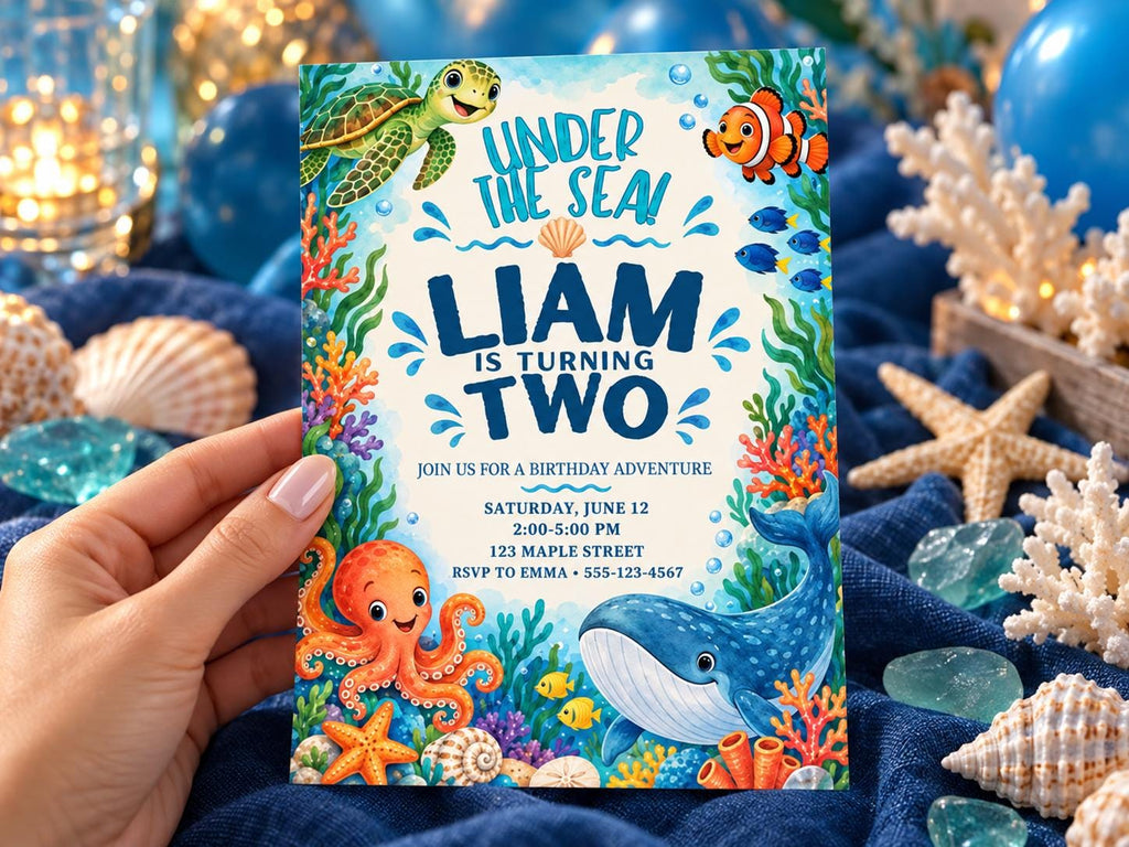 A hand holding a birthday invitation for a child named Liam, featuring illustrations of various sea creatures such as an octopus, a whale, and a turtle, along with the text "Under the sea! Liam is turning two".