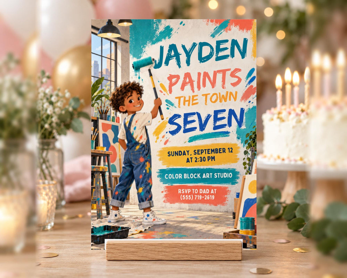The image is a birthday party invitation featuring a young boy painting, surrounded by balloons and a cake.