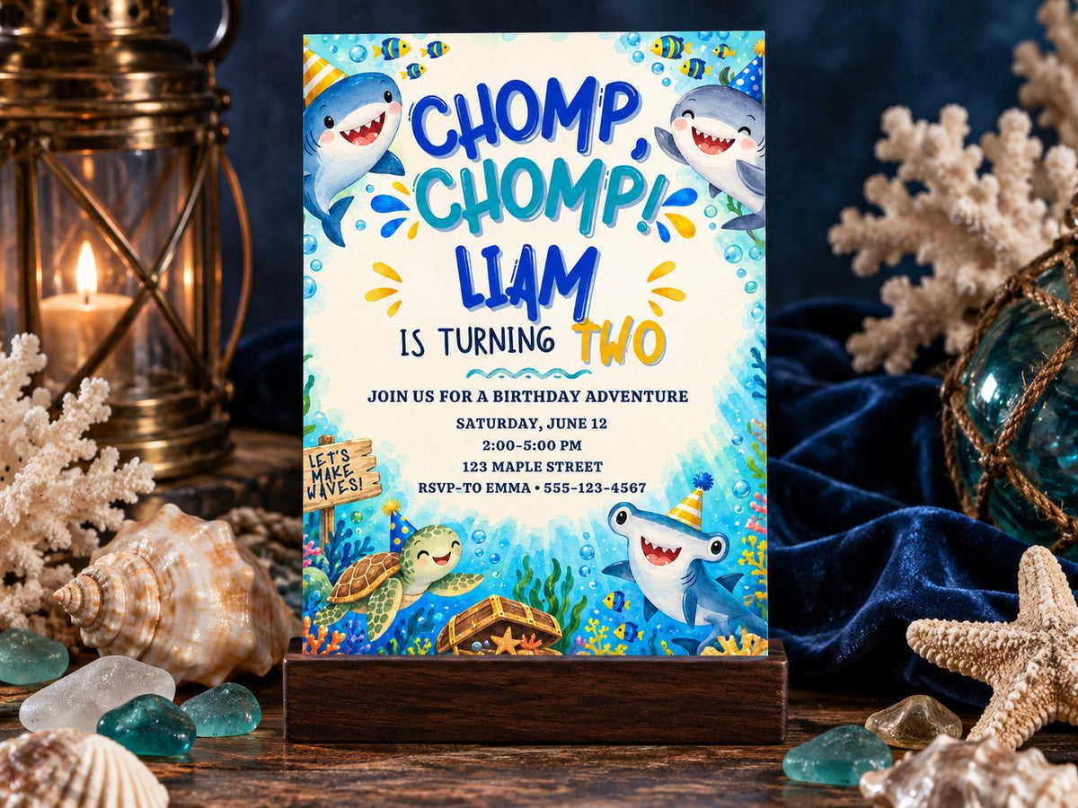 The image is a birthday invitation featuring a cartoon shark and a turtle, with the text "Chomp Chomp! Liam is Turning Two" and "Join us for a Birthday Adventure".
