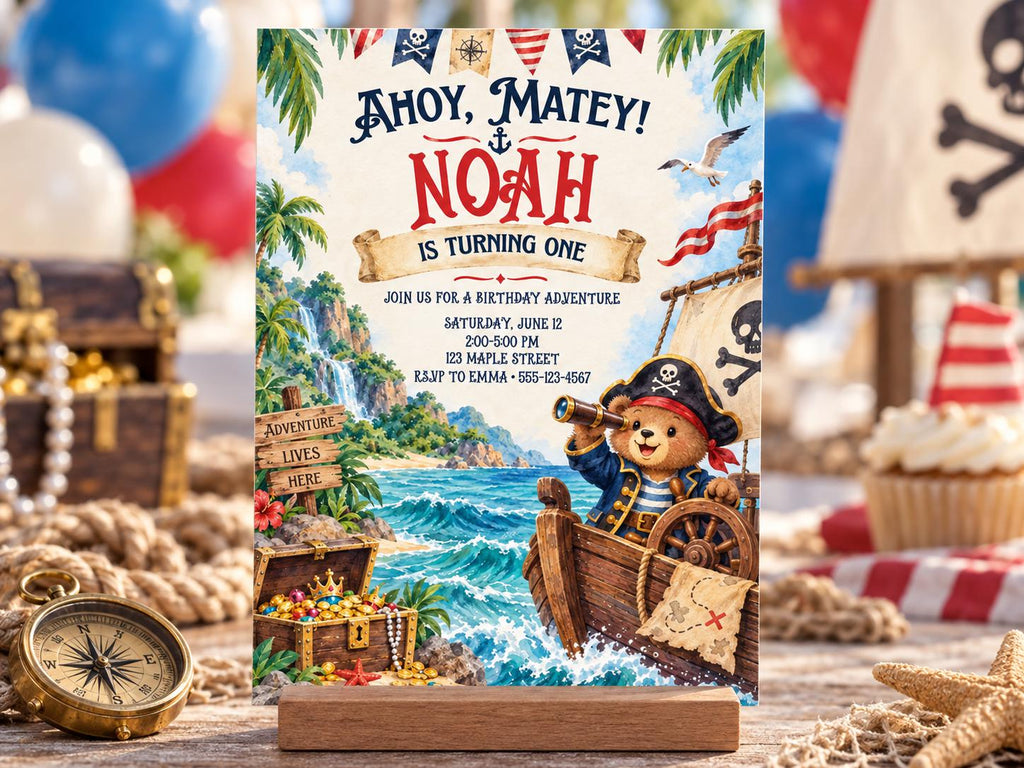 A birthday party invitation featuring a pirate theme, with a teddy bear pirate and a pirate ship on the background.