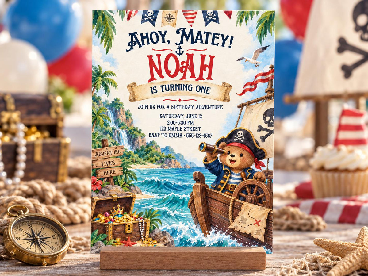 A birthday party invitation featuring a pirate theme, with a teddy bear pirate and a pirate ship on the background.