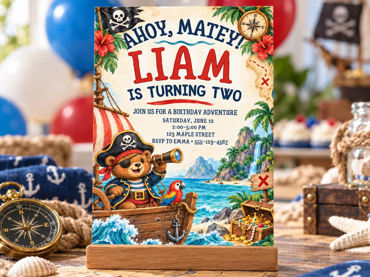 A birthday party invitation for a child named Liam, who is turning two years old. The invitation features a pirate theme with a teddy bear dressed as a pirate and a pirate ship.