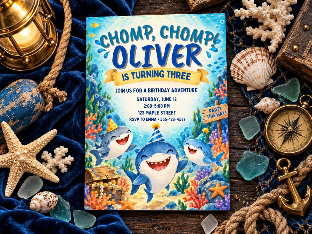 The image is a birthday invitation for a child named Oliver, featuring cartoon sharks and a beach scene.