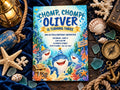 The image is a birthday invitation for a child named Oliver, featuring cartoon sharks and a beach scene.
