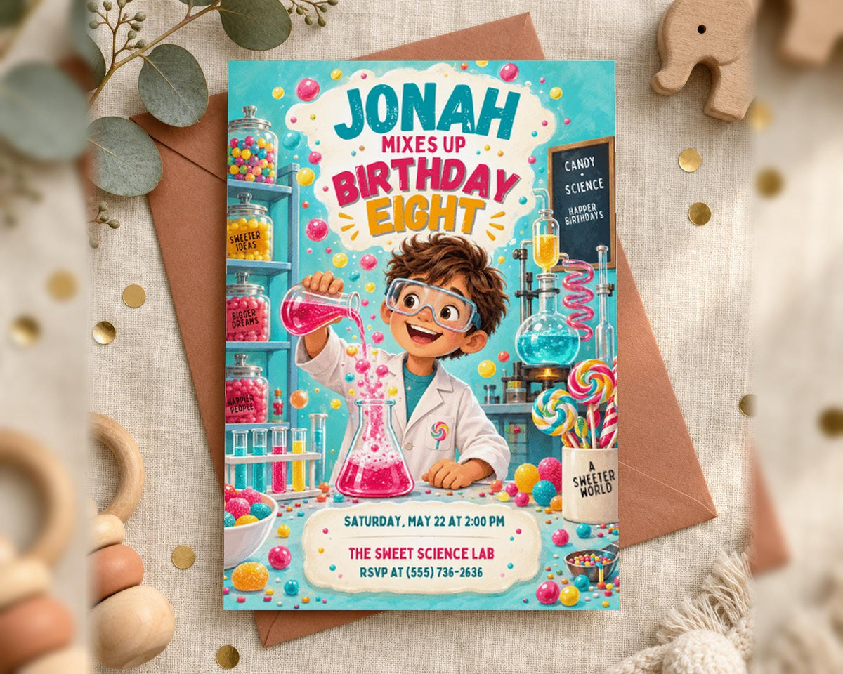 The image is a colorful birthday invitation featuring a young boy in a lab coat, surrounded by various science-themed elements such as bubbling liquids, laboratory equipment, and candy.