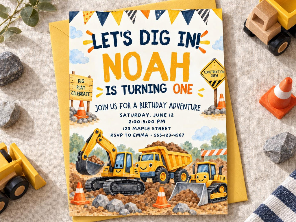 The image is a birthday invitation for a child named Noah, featuring illustrations of construction vehicles and a construction site.