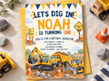 The image is a birthday invitation for a child named Noah, featuring illustrations of construction vehicles and a construction site.