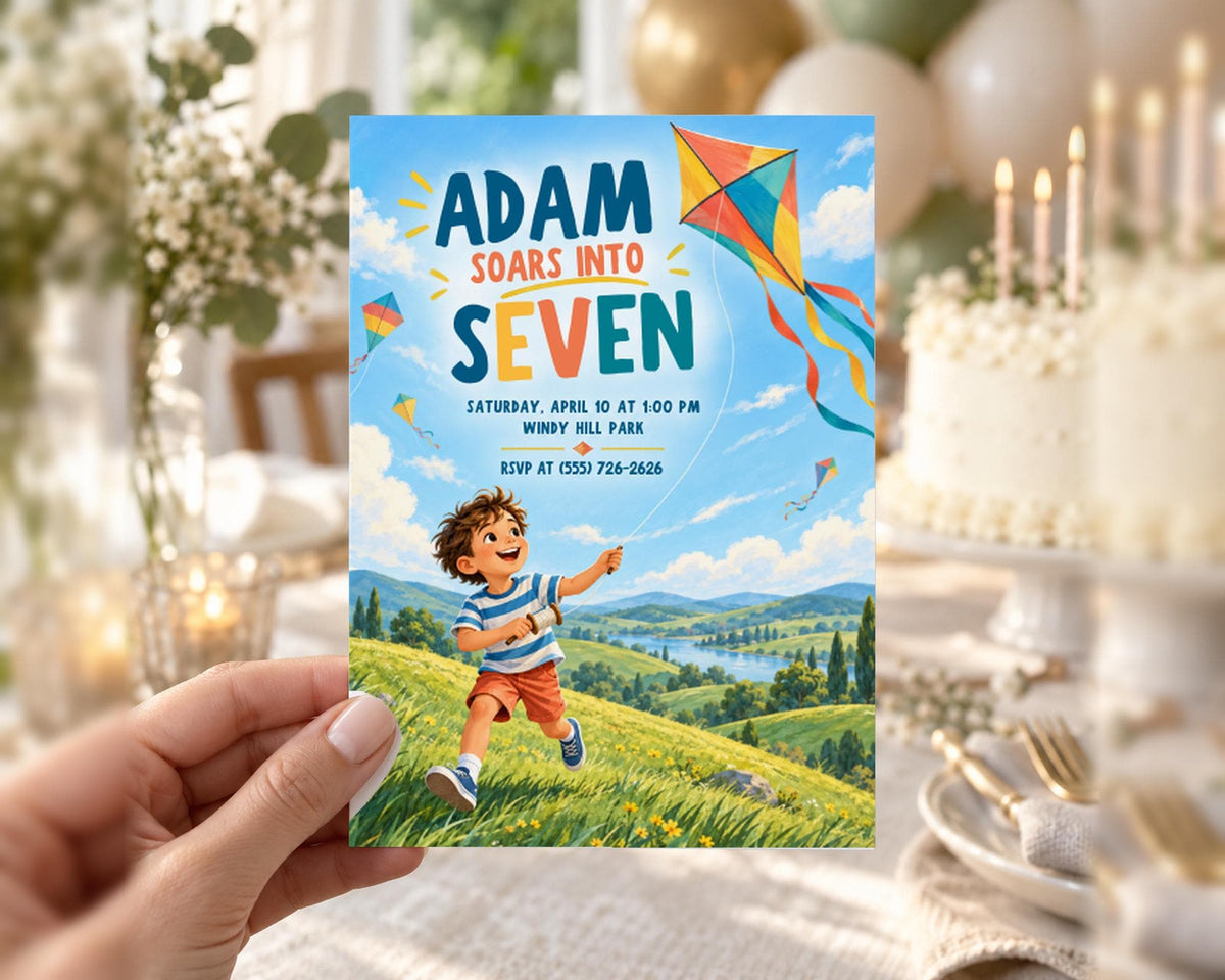 A hand holding a colorful birthday invitation card with a boy flying a kite in a grassy field.