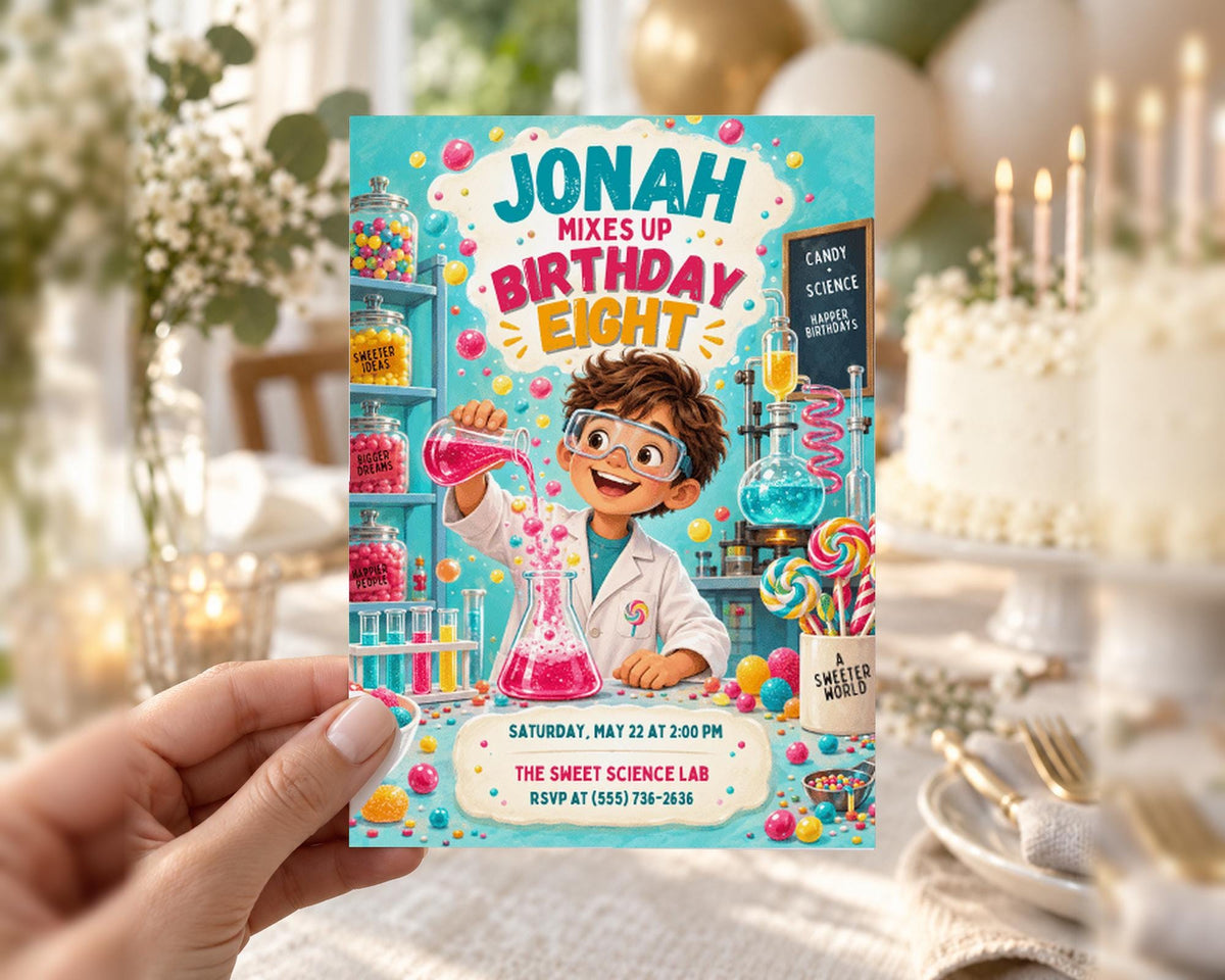 The image is a colorful birthday invitation for a boy named Jonah, who is celebrating his birthday. The invitation features illustrations of laboratory equipment and a young boy conducting an experiment.