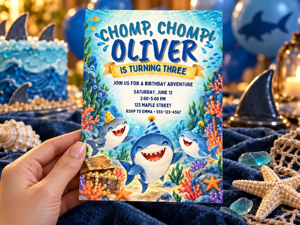 A hand holding a birthday party invitation for a child named Oliver, featuring a shark theme with illustrations of sharks, coral, and starfish.