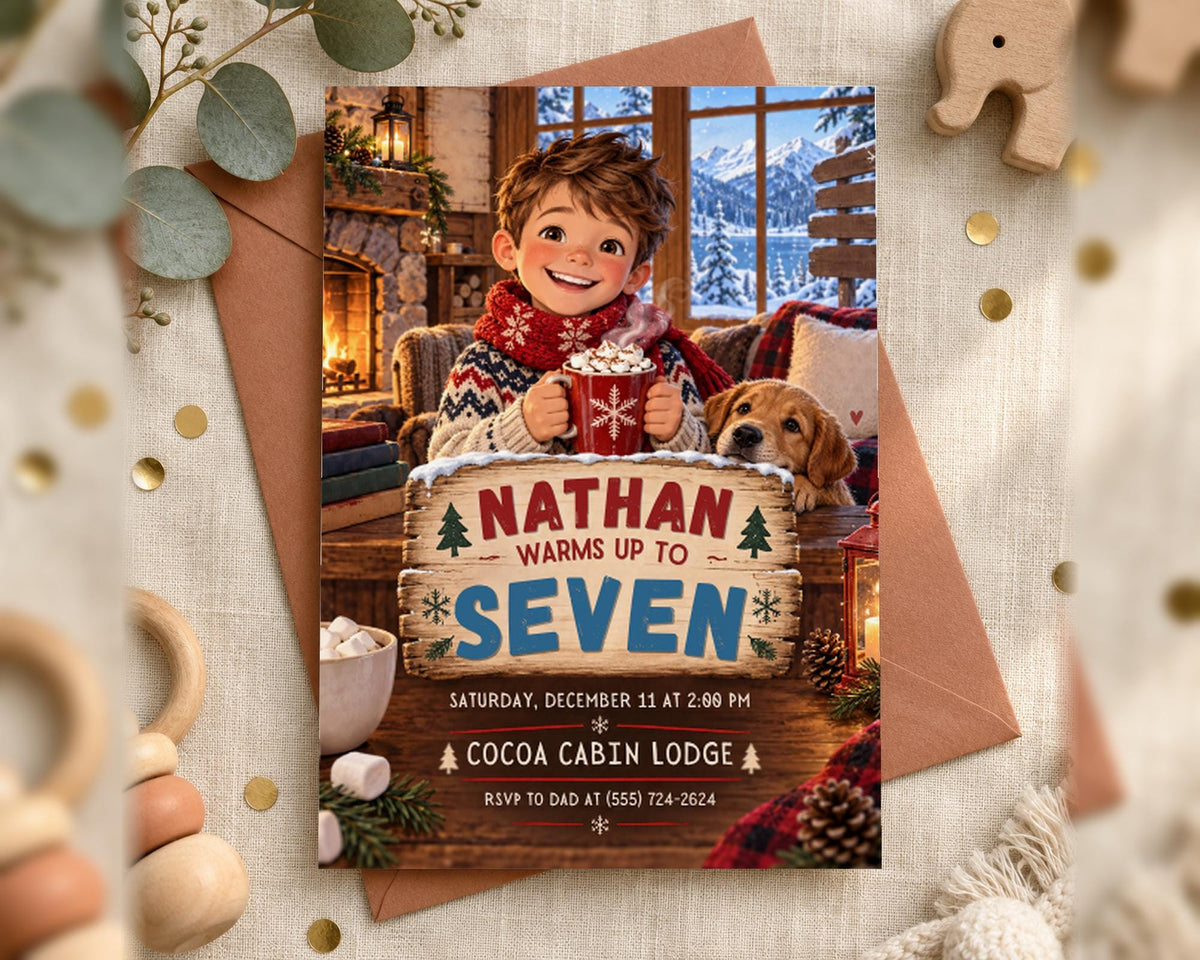 A birthday invitation for a child named Nathan, featuring a cozy winter scene with a boy, a dog, and a fireplace.