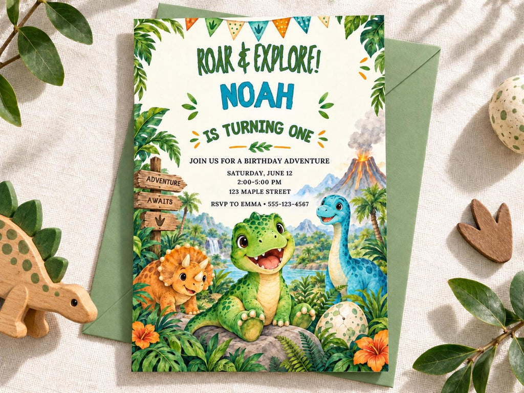 The image is a birthday invitation for Noah, featuring a jungle theme with various dinosaur illustrations.