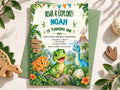 The image is a birthday invitation for Noah, featuring a jungle theme with various dinosaur illustrations.