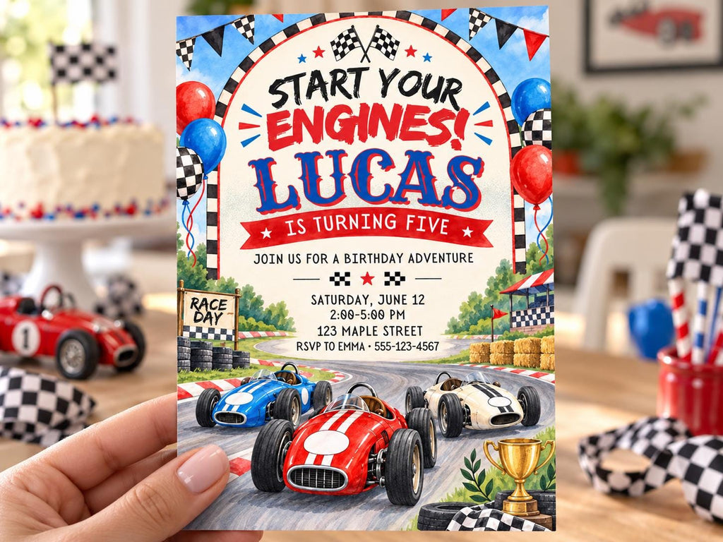 The image is a birthday party invitation for a child named Lucas, who is turning five years old. The invitation features illustrations of race cars and racing flags, along with details about the birthday party.